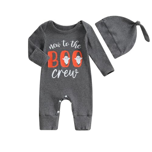 YOKJZJD Newborn Baby Boy Girl Halloween Outfit New To The Crew Knitted Long Sleeve Romper Jumpsuit with Hat Fall Clothes