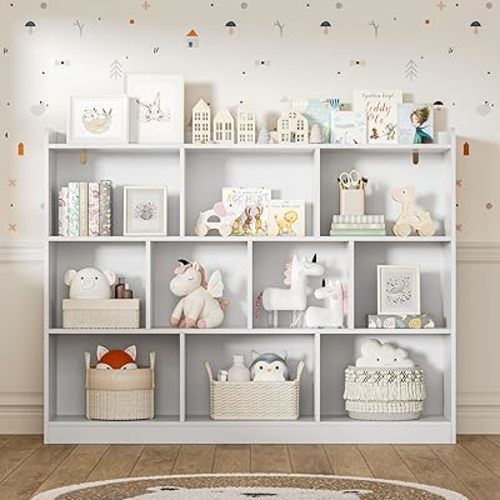 White Bookshelf, Wood Bookcase with 3 Tier Open Shelves, 10-Cube Minimalist Storage Shelf for Living Room, Bedroom, 55.1" W x 42.5" H
