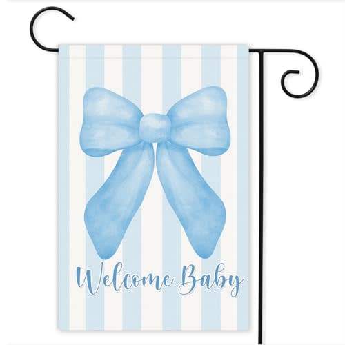 12×18 Inch Double-Sided Welcome Baby Garden Flag – Blue Bow Yard Banner for Baby Shower, Newborn Celebration, Outdoor Party Decor, Gender Neutral Outdoor Sign for Boy or Girl