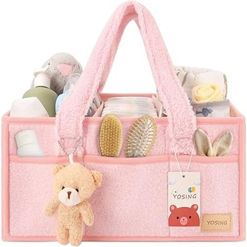YOSING Diaper Caddy Organizer, Baby Diaper Caddy for Car, Diaper Caddy for Changing Table, Nursery Storage and Car Organizer for Diapers and Baby Wipes, Pink