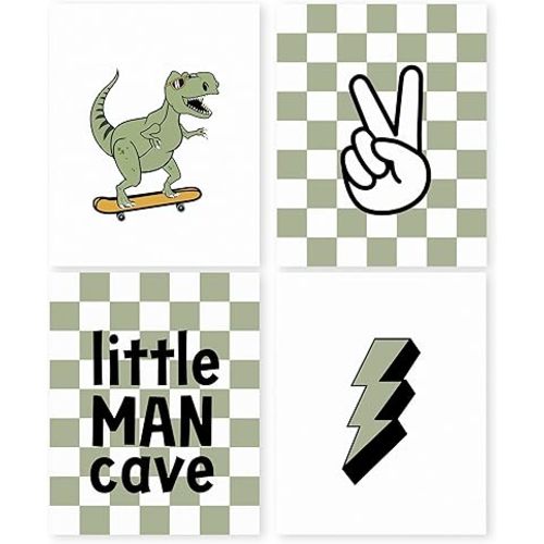 HRQKO Little Man Cave Dinosaur Wall Art Poster Prints Set of 4, Dinosaur Wall Decor, Boy Nursery Artwork Printing Posters Wall Decor, Sage Green Checkered Decor for Playroom Boys Room 8”x10” Unframed
