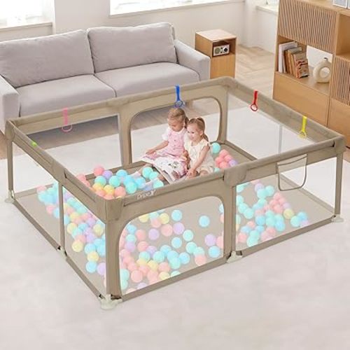 Dripex Baby Playpen, 71"×47" Play Pens for Babies and Toddlers, Safe Anti-Fall Play Yard with Gates, Baby Fence with Breathable Mesh, Indoor & Outdoor Kids Activity Center, Khaki
