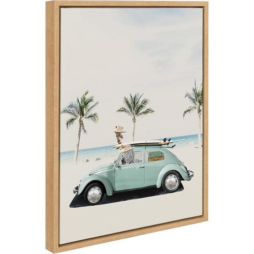 Kate and Laurel Sylvie Summer Adventures Framed Canvas Wall Art by July Art Prints, 18x24 Natural, Zoo Animal Beach Car Wall Decor