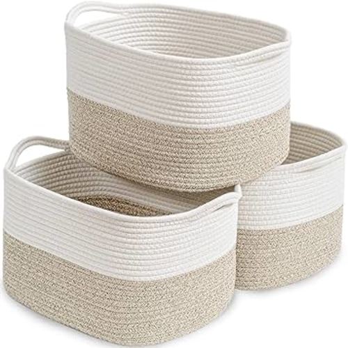 Perber 3 Pack Woven Storage Baskets for Organizing, Cotton Rope Basket With Handles, Rectangle Toy Baskets for Shelves, Decorative Storage Bin for Living Room, Bedroom,Nursery(White/Brown)