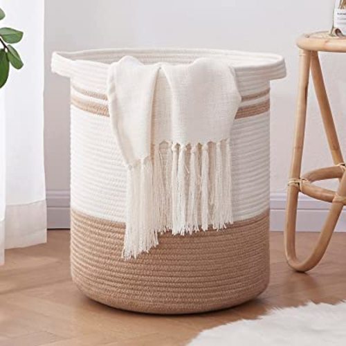 OIAHOMY Laundry Basket- Rope Basket Large Storage Basket with Handles,Modern Decorative Woven Basket for Living Room,Storage Baskets for Toys, Throws, Pillows,and Towels -18"×16"-White&Yellow