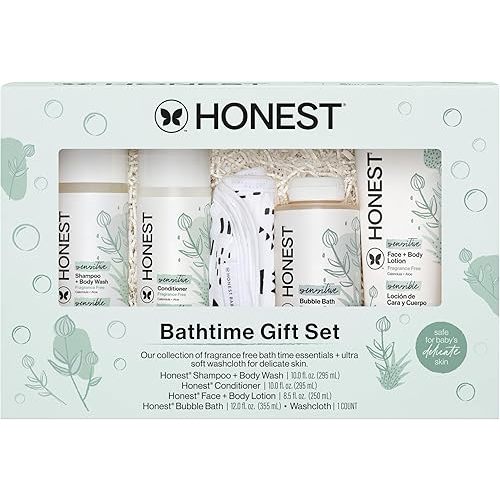 The Honest Company Fragrance-Free Bathtime Gift Set, Hypoallergenic, Bath Essentials for Sensitive Skin, Shampoo and Body Wash, Face Lotion, Bubble Bath, Conditioner, Wash Cloth