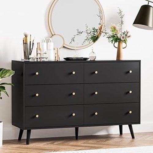 Black 6 Drawer Dresser for Bedroom, Modern Black Dresser with Gold Handles, Chest of Drawers for Bedroom