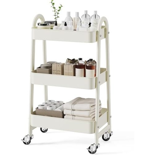 SMUG 3 Tier Rolling Cart - Metal Utility Carts on Lockable Caster Wheels, Mobile Storage Shelves Organizer for Livingroom, Bathroom, Kitchen, Bedroom & Narrow Places, White