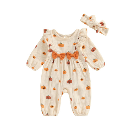 Newborn Baby Girl 2Pcs Fall Outfits Ruffle Long Sleeve Pumpkin Print Jumpsuit with Headband Set Infant Halloween Clothes