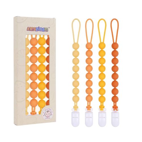 One Piece Design Silicone Pacifier Clip Holder for Baby Boys and Girls,Flexible Pacifier Leashes,Soft Teether Clip for Newborns,4-Pack. (Yellow)