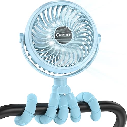 COMLIFE Baby Stroller Fan With Light, 2600mAh Battery Operated, Max 10Hrs Cooling, 3 Speeds, 360° Rotate USB Desk Fan, Flexible Tripod Clip On Fan for Stroller Car Seat Crib Treadmill Golf Cart
