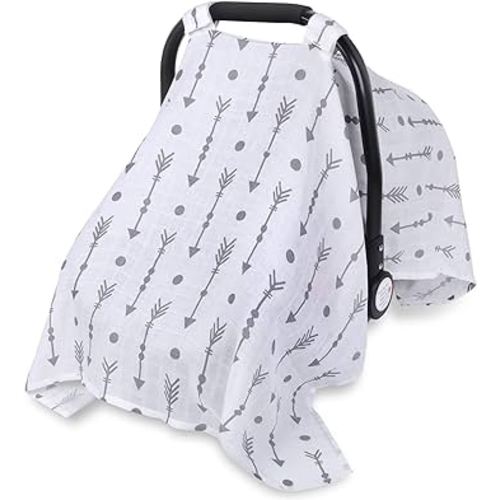 Rquite Car Seat Covers for Babies, 100% Muslin Carseat Cover Boys Girls, Lightweight Infant Car Seat Canopy, Soft Breathable Baby Carrier Cover, Summer Stroller Cover (Grey Arrow)