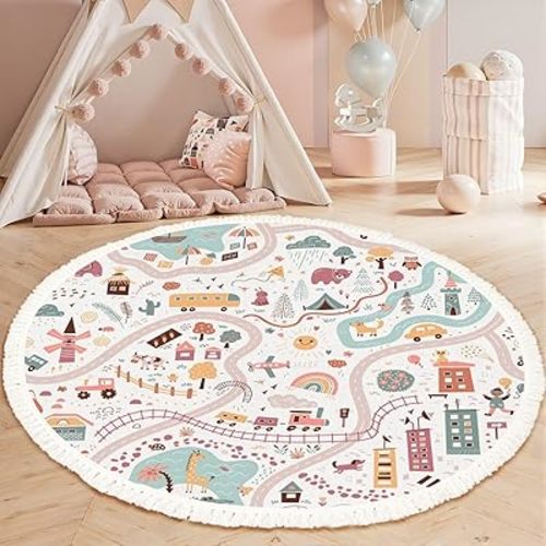 Round Rugs Children s World Map Travel Around World Play mat for Kids Baby Land Boho Area Rug Linen and Cotton Carpet Meditation Rug Washable Hallway Runner Mat Accent Rug for Bedroom Nursery 4ft