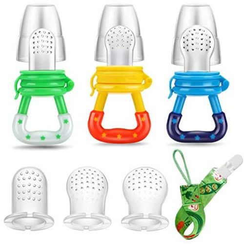 PandaEar Baby Fresh Fruit Food Feeder Nibbler Pacifier (3 Pack) |Training Massaging Toy Teether| Food Grade Soft Safe BPA-Free Silicone Pouches| Babies Toddlers Infants Kids
