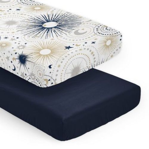 Crib - Sweet Jojo Designs Boy, Girl, Unisex/Gender Neutral Fitted Crib Sheets Set Celestial Navy Blue and Gold 2pc