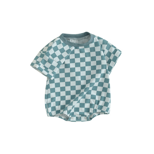 Infant Baby Boy Girl Summer Clothes Checkered Bubble Romper Oversized Short Sleeve Romper Summer Outfit
