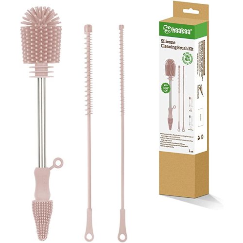 haakaa Silicone Cleaning Brush Kit-Baby Bottle Brush Scrubber for Breast Pump,Nipple,Breastmilk Storage Bag,Reusable Straws,Sippy Cup-Soft Food Grade Silicone Bristle,Portable - Blush - Indipink