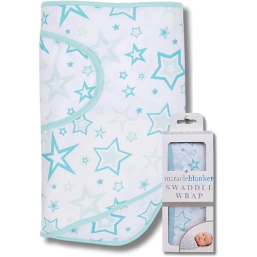 Miracle Blanket Swaddle Wrap – Help Your Newborn Sleep Longer – Soft & Secure Sleep Sack for Infants – Easy-to-Use Swaddling Blanket for a Calm Baby (Aqua Stars)