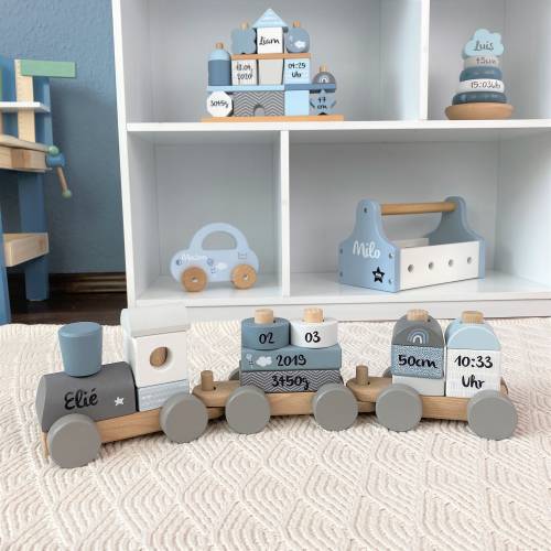 Baby gift for birth, gift birth, wooden train personalized blue, personalized baby gifts for birth