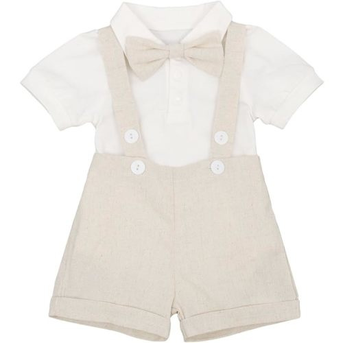IDOPIP Baby Boys Formal Suit Set Short Sleeve Romper Suspenders Shorts Pants Bowtie Wedding Tuxedo Outfits Cake Smash Clothes - 0-6 Months - Khaki