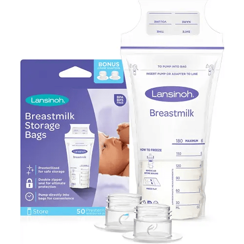 Lansinoh Breastmilk Storage Bags, 50 Count with 2 Pump Adapters, Easy to Use Milk Storage Bags for Breastfeeding, Presterilized, Hygienically Doubled-Sealed, for Refrigeration and Freezing, 6 Ounce