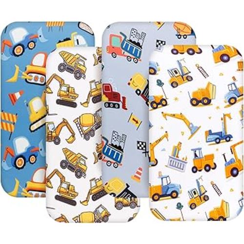 4 Pack Baby Boy Bassinet Sheets Set Soft Fitted Baby Boy Mattress Covers Construction Truck or Dinosaur Theme Breathable Toddler Sheets for Infant Boys (Construction Truck, Bassinet Sheets)