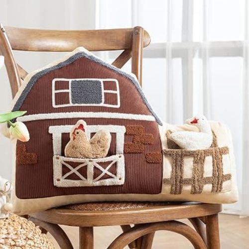 Phantoscope Farm Scene Throw Pillow, Soft Velvet Farm Shaped Decorative Pillow with Removable Chicks, 13.5x21.5 Farmhouse Spring Accent, for Mom, Couch Sofa Bed Decor (Brown)