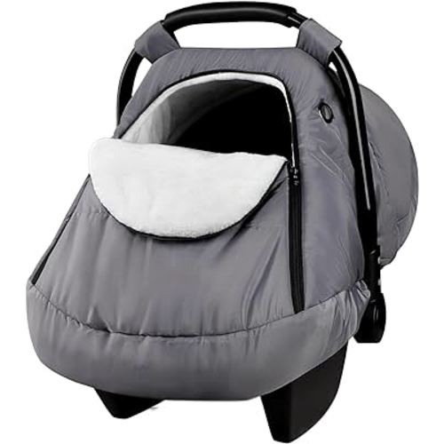 Winter Baby Car Seat Cover, Infant Carseat Canopy for Boys and Girls, Cozy & Warm Cover, Waterproof Carseat Cover with Zipper, Grey