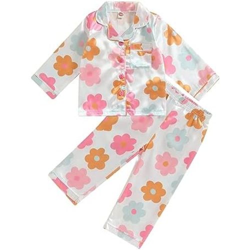Kids Baby Girl Boy Satin Pajamas Set Button Down Sleep Shirt Top+Long Pants Bottoms Sleepwear Loungewear Clothes