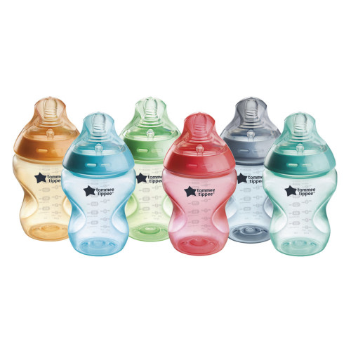 Tommee Tippee Anti-Colic Silicone Baby Bottles, 9oz, 0 month+, Natural Latch, Self-Sterilizing, Fiesta, Pack of 6