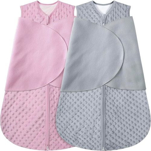 Fleece Newborn Sleep Sack Baby Swaddle,3-Way Adjustable Wearable Blanket,2 Pack Fleece Swaddling sleeping bag TOG 2.0, (Gray & Pink, 6-12 Months)