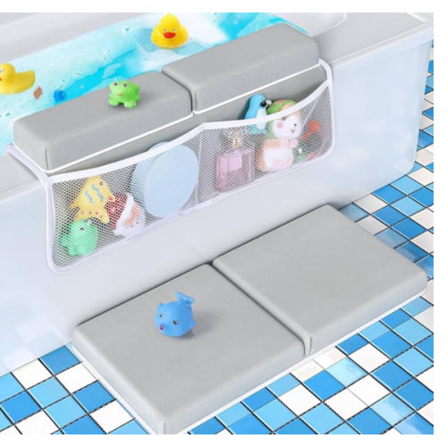 Bath Kneeler and Elbow Rest Pad Set - Gray Green - 1.5 inch Extra Thick Baby Bathtub Kneeling Pad and Removable Elbow Pad,with Baby Bath Toys and Organizer Pockets - Easy to Clean-Tiikiy