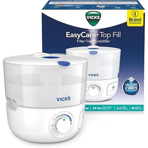 Vicks EasyCare Plus Top Fill Filter-Free Cool Mist Humidifier, Small Room–For Vapors 2 Ways –Works with Vicks VapoPads and VapoSteam, White