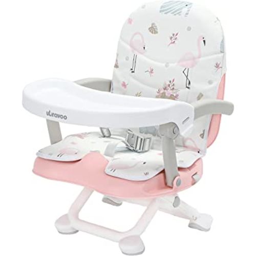 2in1 Portable Toddler Booster Seat, Grow with Baby Booster Seat for Dining Table with Removable Tray & Seat Pad, high Chair for Travel, ACE1013 Pink Flamingos