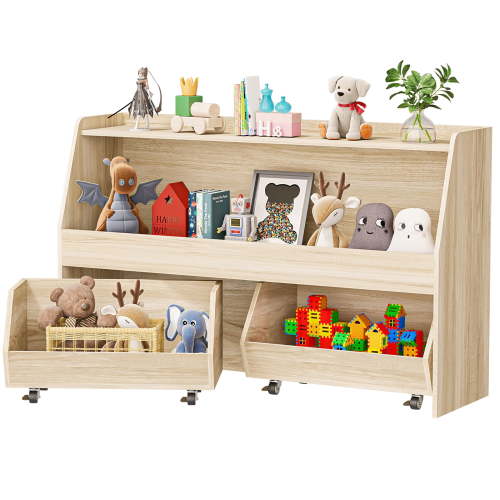 2-Tier Portable Toy Storage, Kids Toy Organizer W/2 Removable Bins with 4 Wheels（Wood)