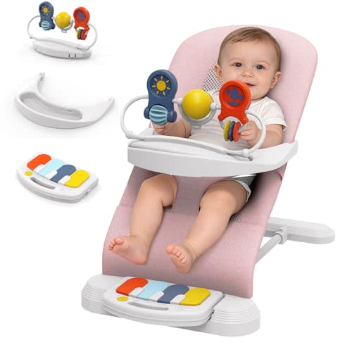 Baby Bouncer, 3-Speed Adjustable Height Baby Bouncer Seat, 4-in-1 Bouncer Seat for Babies 0-6 Months, Detachable Piano Pedals, Feeding Tray