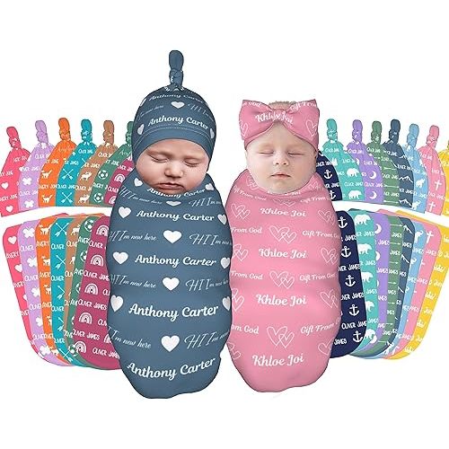 Sweewind Baby Blankets with Name - Custom Newborn Swaddle Blankets for Baby Girls and Boys - Personalized Baby Gifts (Icons)