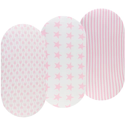 Pink Bassinet Fitted Sheets 3 Pack for Baby Girl, Stretchy Soft Knitted Baby Sheet Set Universal for Oval Rectangle and Hourglass Bassinet Mattress, Arrow Star Stripe Printing