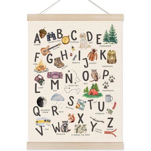 Koesus Camping Alphabet Nursery Wall Art Poster Hanger Frame 12x16 Inch, Camper RV Decor, ABC Educational Learning Canvas Pictures Prints Framed Wall Decor for Kids Room Nursery Preschool Classroom