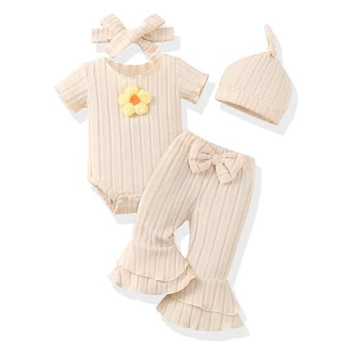 Renotemy Preemie Newborn Baby Girl Clothes Infant Short Sleeve Romper Summer Outfits Gifts for Girls Bell Bottoms Pants Set
