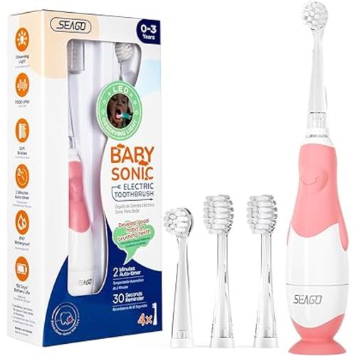 SEAGO Toddler Electric Toothbrushes for Baby Ages 0-3 Years, Baby Toothbrush with Smart Timer and Suction Base, 4 Replacement Brushheads (Pink-C)