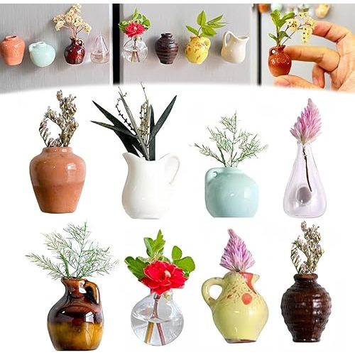8PCS Mini Vase Magnets, Mini Ceramic Vase Refrigerator Magnets, 3D Ceramic Flower Vase Cute Plant Vase Fridge Magnets Kitchen, Office Decoration