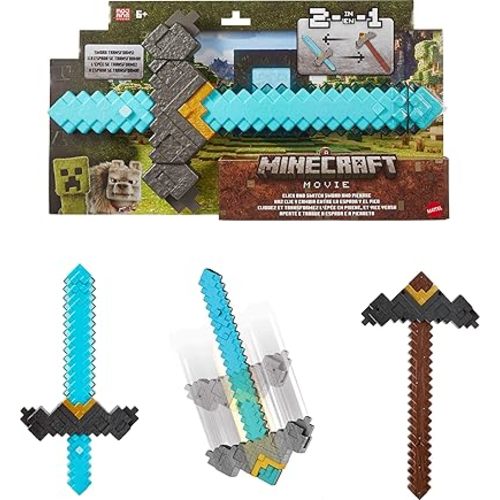 Mattel Minecraft Sword and Pickaxe 2-in-1 Toy, Button-Activated Click and Switch Role-Play Accessory Inspired by A Minecraft Movie