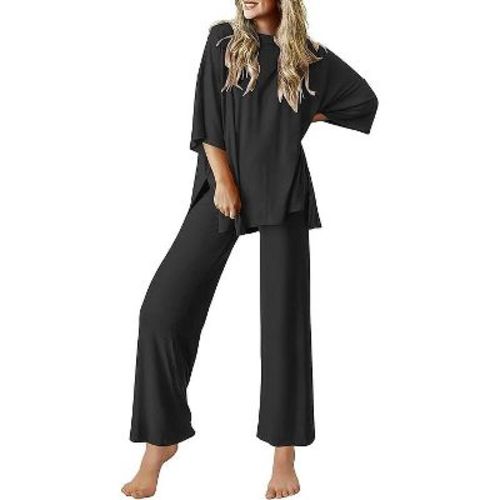Ekouaer Lounge Sets for Women Short Sleeve Tops and Long Pants Soft Comfy Pajamas Set 2 Piece Outfits Black L