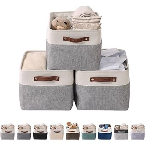 DECOMOMO Storage Bins | Fabric Storage Baskets for Shelves for Organizing Closet Shelf Nursery Toy | Decorative Large Linen Closet Organizer Bins with Handles (Grey and White, Large - 3 Pack)