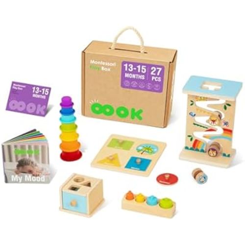 Montessori Toys for 1 Year Old, 6 in 1 Wooden Educational Toys for 1 Year Old with Cylinder Block, Ball Drop, Nesting Cups, Sorting Drop Box and more. Perfect montessori gift for 12-18 months.