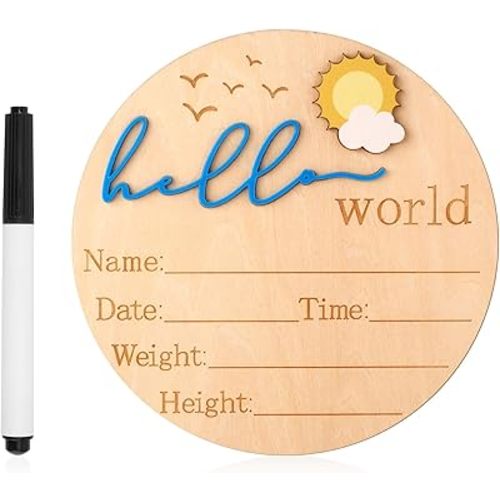 Baby Announcement Sign, 5.83 Inch Wooden Hello World Newborn Sign Cute Welcome Birth Name Plaques Board for Girl Boy Baby Shower Hospital Nursery Photo Prop (Blue)
