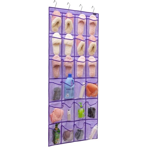 Over the Door Shoe Rack Organizer with 24 Clear PVC Pockets Hanging Pocket Organizer for Bedroom Bathroom Kitchen Stroage (24 Pockets-Purple)