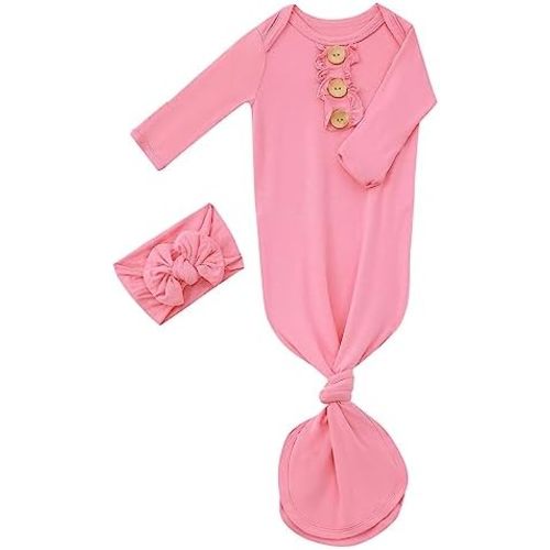 Newborn Baby Girls Knotted Gown Headbands Set Soft Viscose from Bamboo Infant Sleeper Baby Sleep Gown with Mittens