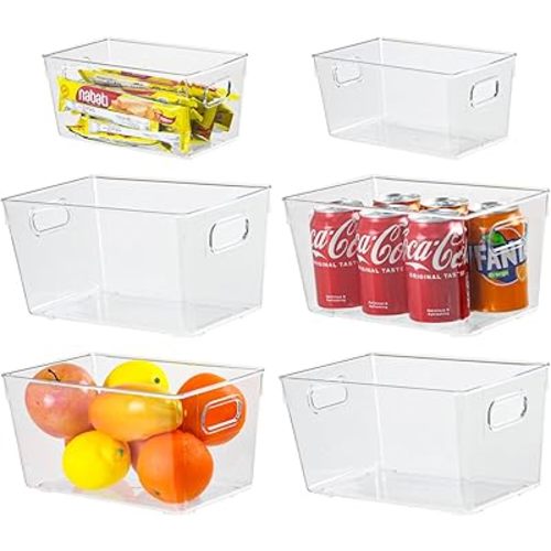 6pcs Plastic Storage Bin 2-Size Clear Storage Containers for Kitchen Pantry Organization and Storage Bins, Organizing Bins with Built in Handles, Cabinet Organizers, Clear